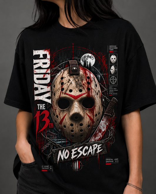 Black HorrorTees t-shirt featuring the Friday the 13th No Escape horror design