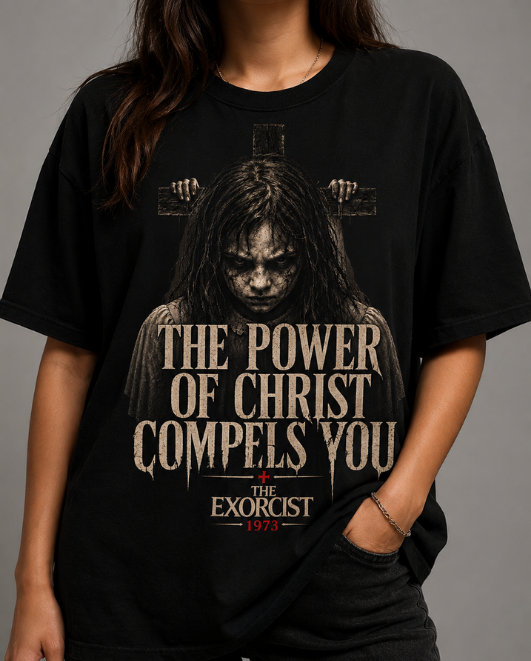 Black HorrorTees t-shirt featuring the The Power of Christ horror design