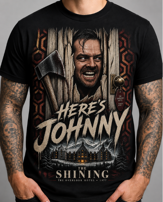 Black HorrorTees t-shirt featuring the Here’s Johnny! horror design