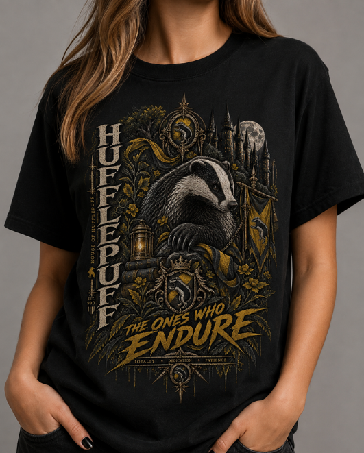 Black HorrorTees t-shirt featuring the Hufflepuff The Ones Who Endure horror design