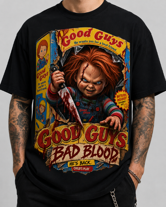 Black HorrorTees t-shirt featuring the Good Guys, Bad Blood horror design