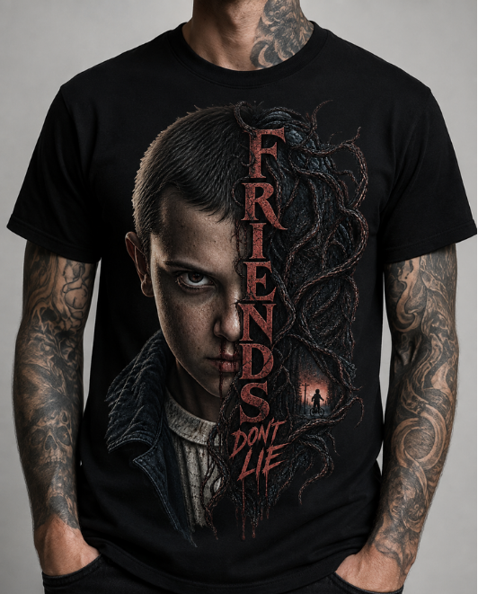 Black HorrorTees t-shirt featuring the Friends Don't Lie horror design
