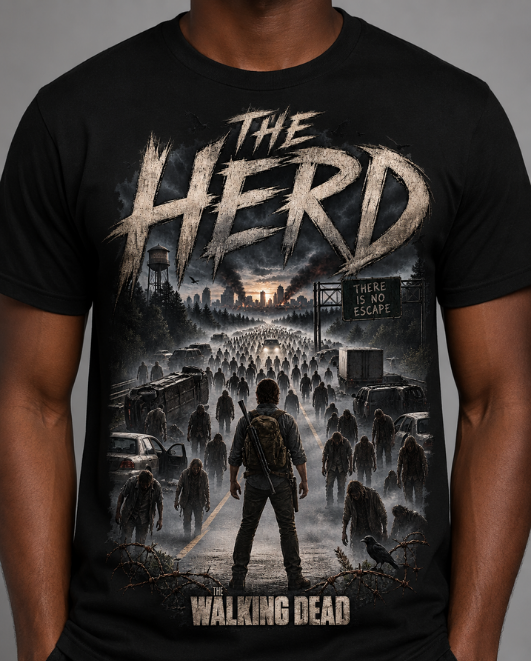 Black HorrorTees t-shirt featuring the The Herd horror design