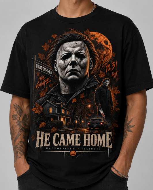 Black HorrorTees t-shirt featuring the Halloween - He Came Home horror design