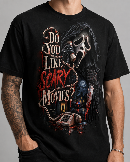 Black HorrorTees t-shirt featuring the DO YOU LIKE SCARY MOVIES? horror design