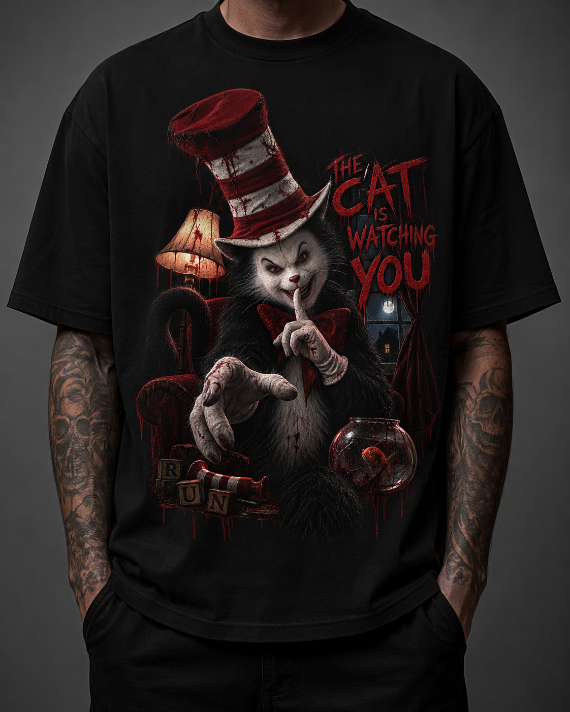 Black HorrorTees t-shirt featuring the Cat In The Hat horror design