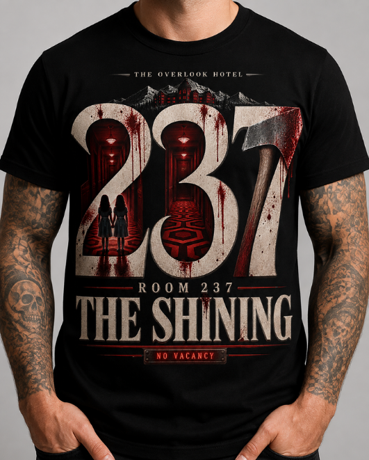 Black HorrorTees t-shirt featuring the Room 237 horror design