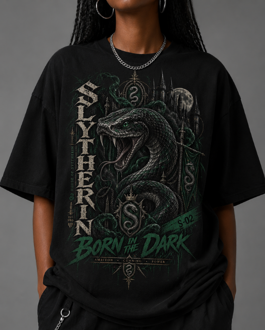 Black HorrorTees t-shirt featuring the Slytherin Born in the Dark horror design