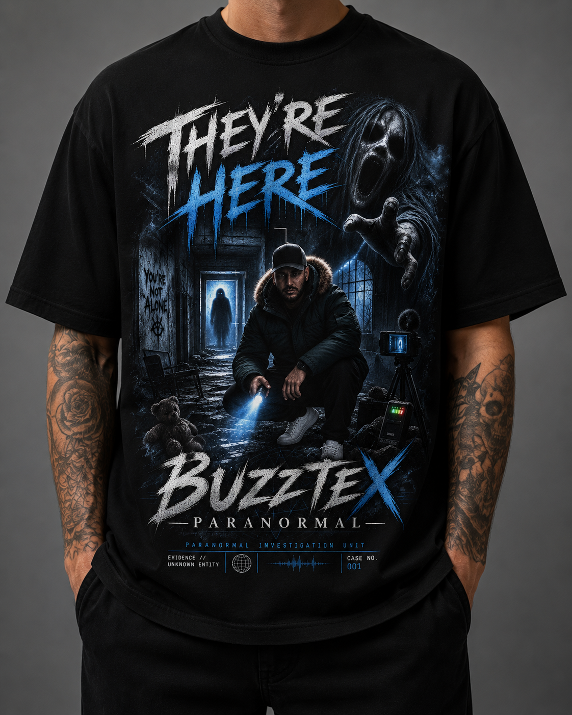 Black HorrorTees t-shirt featuring the Buzztex Paranormal – They’re Here Horror T-Shirt horror design