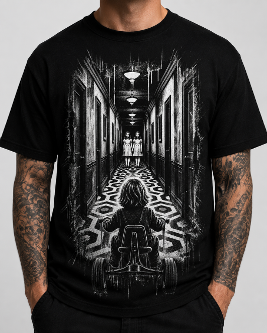 Black HorrorTees t-shirt featuring the Hallway of Horror horror design