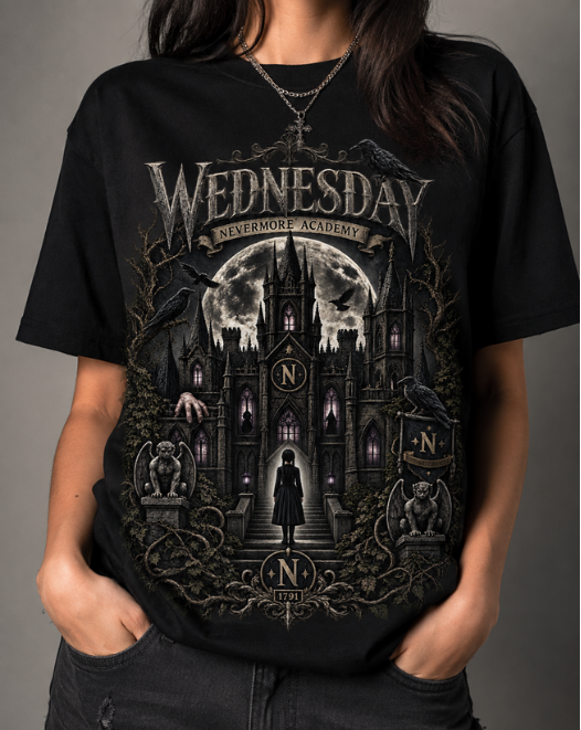 Black HorrorTees t-shirt featuring the Nevermore Academy horror design