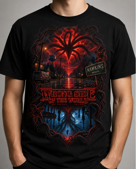 Black HorrorTees t-shirt featuring the Wrong Side Of The World horror design