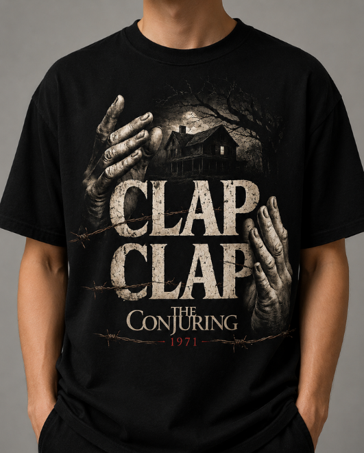 Black HorrorTees t-shirt featuring the Clap Clap The Conjuring Horror T-Shirt horror design