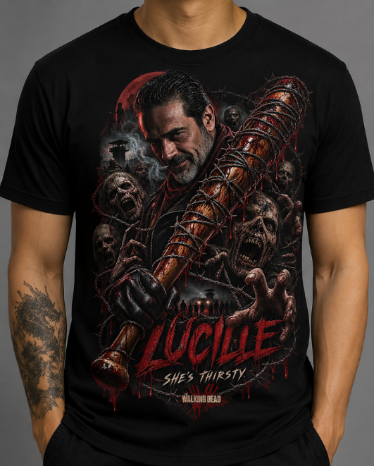 Black HorrorTees t-shirt featuring the Lucille horror design