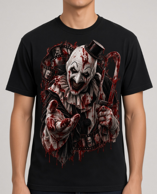 Black HorrorTees t-shirt featuring the The Clown horror design