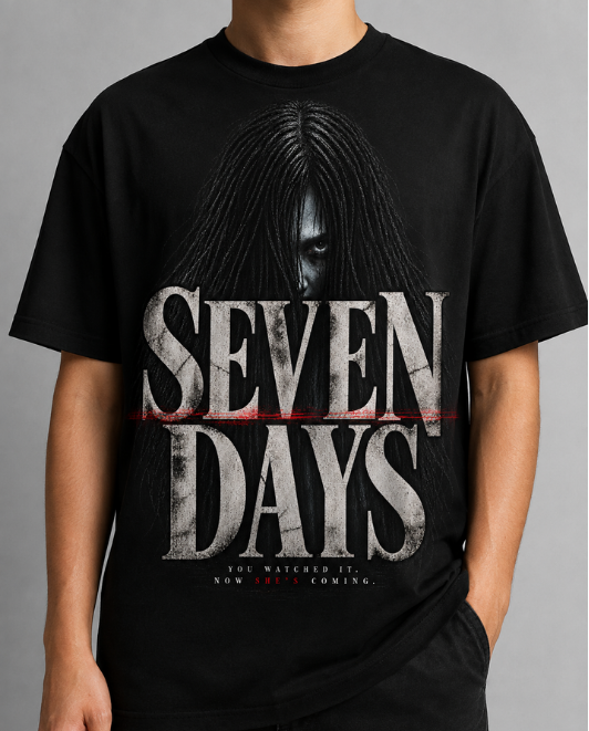 Black HorrorTees t-shirt featuring the SEVEN DAYS horror design