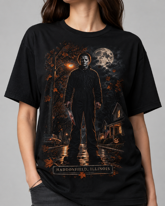 Black HorrorTees t-shirt featuring the Haddonfield After Dark horror design
