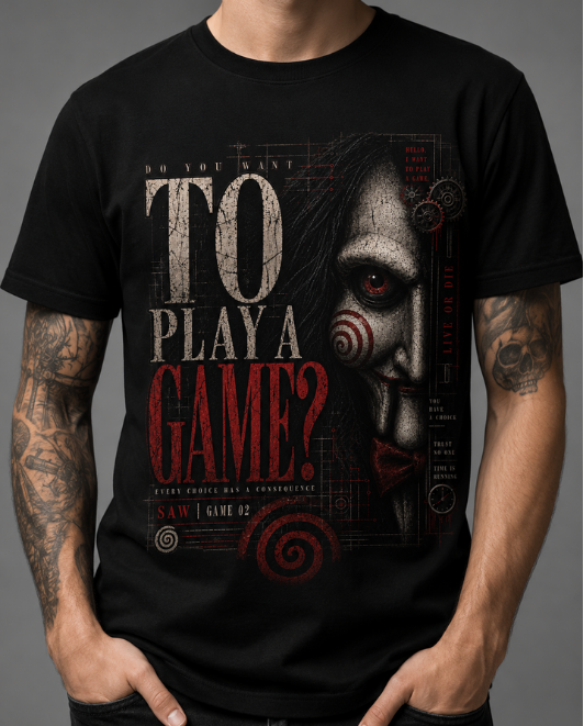 Black HorrorTees t-shirt featuring the Play The Game horror design