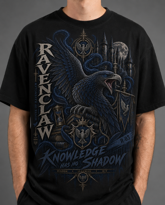 Black HorrorTees t-shirt featuring the Ravenclaw Knowledge Has No Shadow horror design