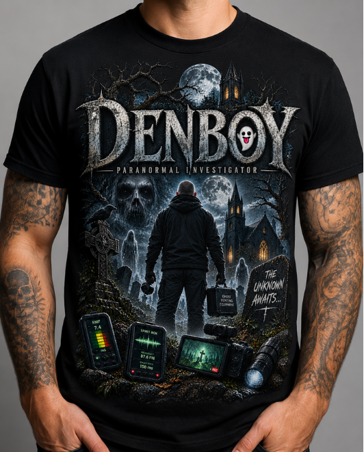 Black HorrorTees t-shirt featuring the DENBOY X HORRORTEES OFFICIAL TEE horror design