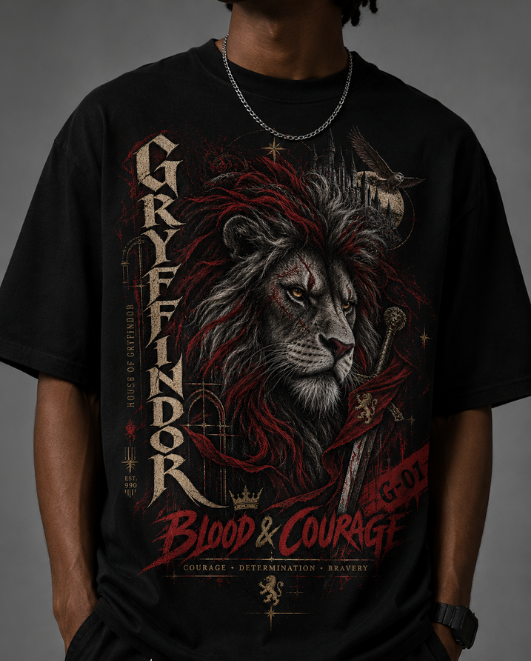 Black HorrorTees t-shirt featuring the Gryffindor Blood & Courage horror design