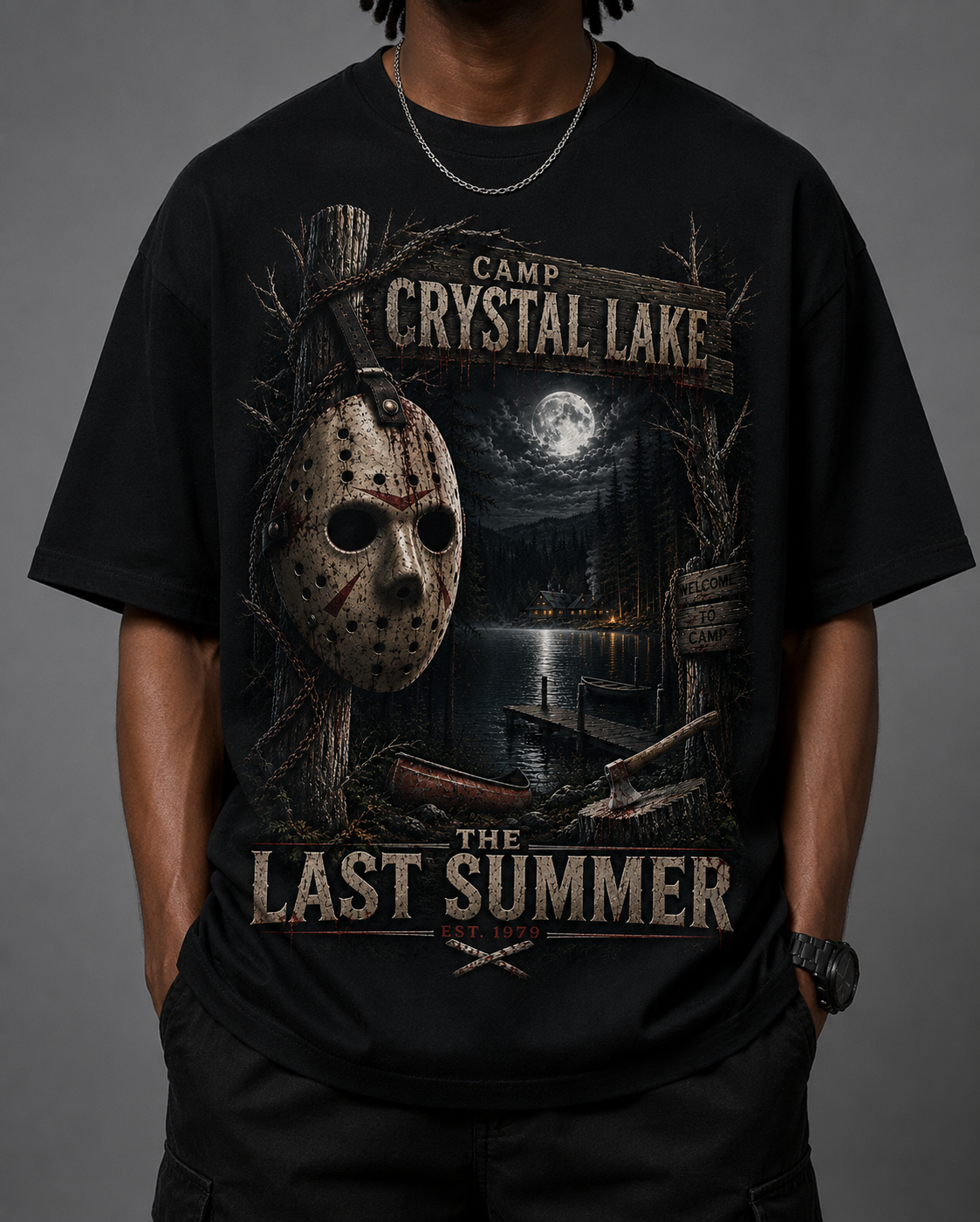 Black HorrorTees t-shirt featuring the Camp Crystal Lake The Last Summer horror design