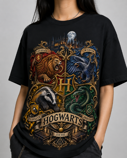 Black HorrorTees t-shirt featuring the Hogwarts Legacy Crest horror design