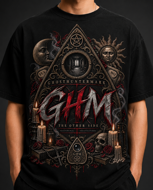 Black HorrorTees t-shirt featuring the HORRORTEES X GHOSTHUNTERMARK horror design