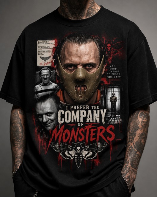 Black HorrorTees t-shirt featuring the Company of Monsters horror design