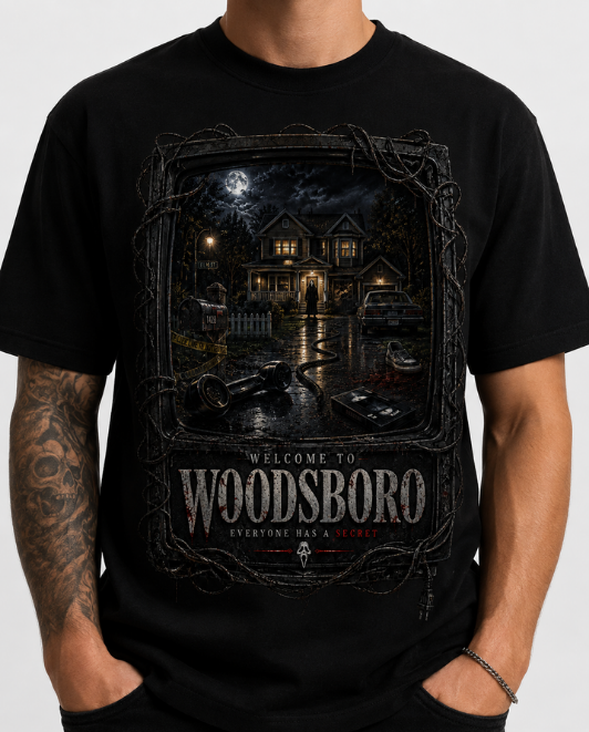 Black HorrorTees t-shirt featuring the Welcome To Woodsboro horror design