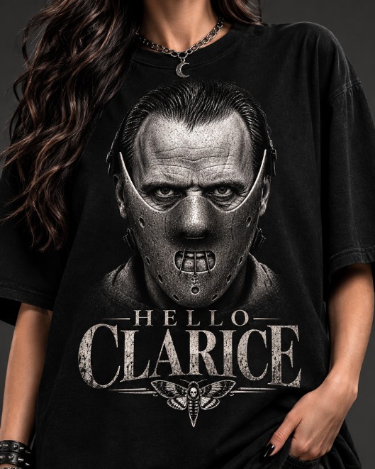Black HorrorTees t-shirt featuring the Hello Clarice horror design